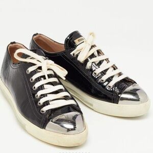 Miu Miu Leather Metal Cap Toe Sneakers Lace Up Low Top Black Patent Shoes 39 9